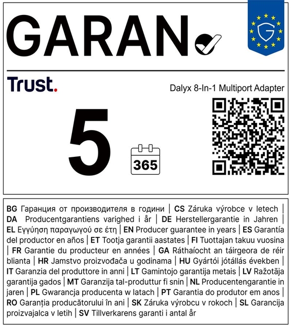 multiportadapter, 8-in-1 adapter, 5 jaar garantie, 365 dagen, Trust