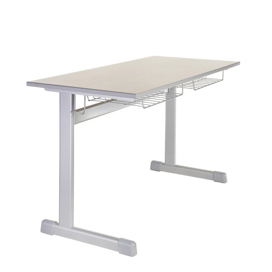 2-persoons leerlingtafel 65 cm diep, 76 cm hoog, HPL-toplaag met massief beuken verlijmde omlijsting en opbergmand - Model T
