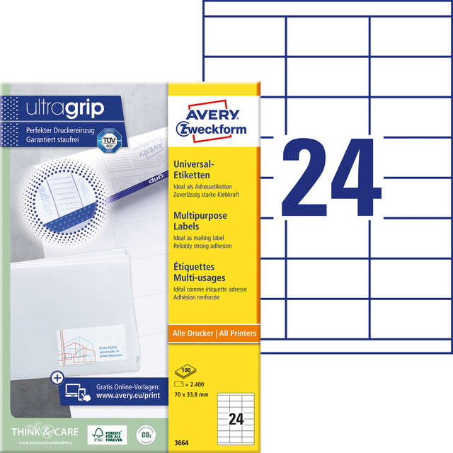 Etiket Avery 3664 70x33.8mm wit 2400 stuks