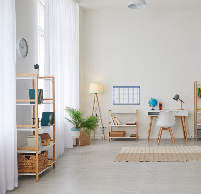 inrichting, bureau, studieruimte, lamp, plankenkast