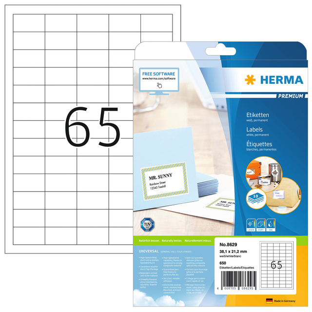 Etiket HERMA 8629 38.1x21.2mm premium wit 650stuks