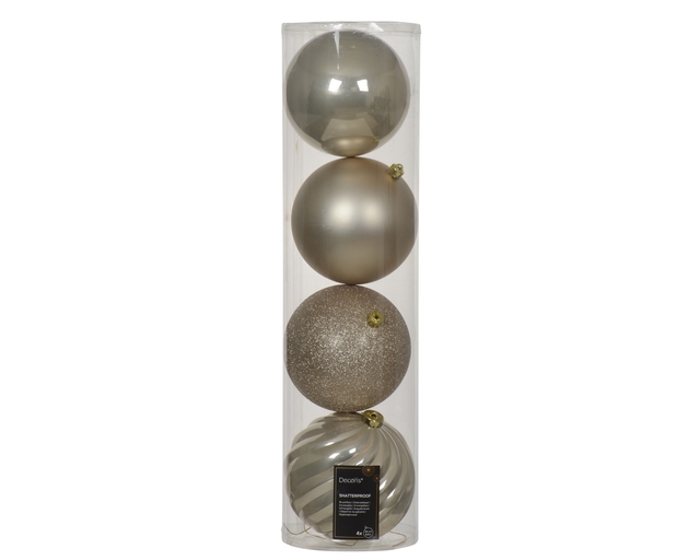 kerstballen, set van vier, champagnekleurig, glitter, breukbestendig