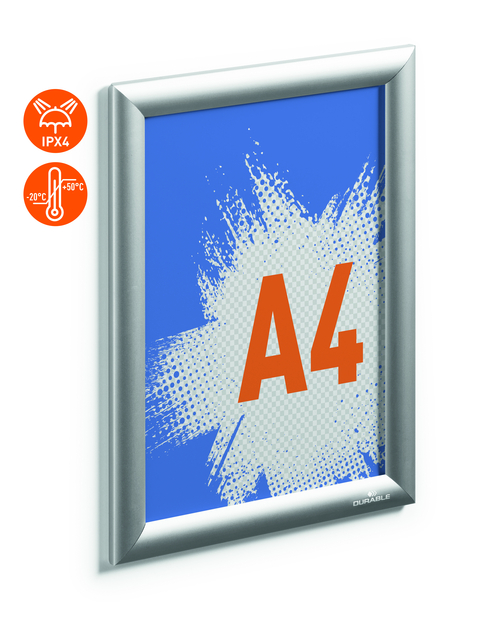 A4 poster, Framed display, Blue background, Orange label, Durable frame