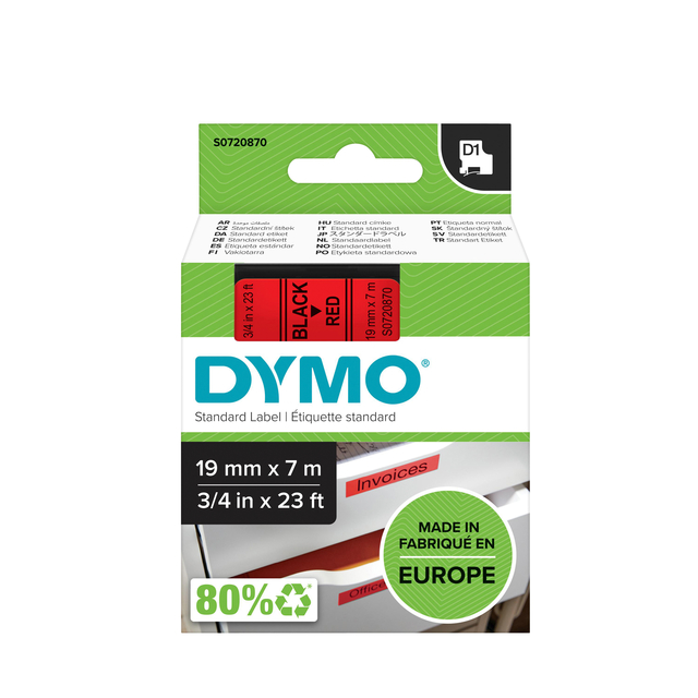 Labeltape Dymo LabelManager D1 polyester 19mm zwart op rood