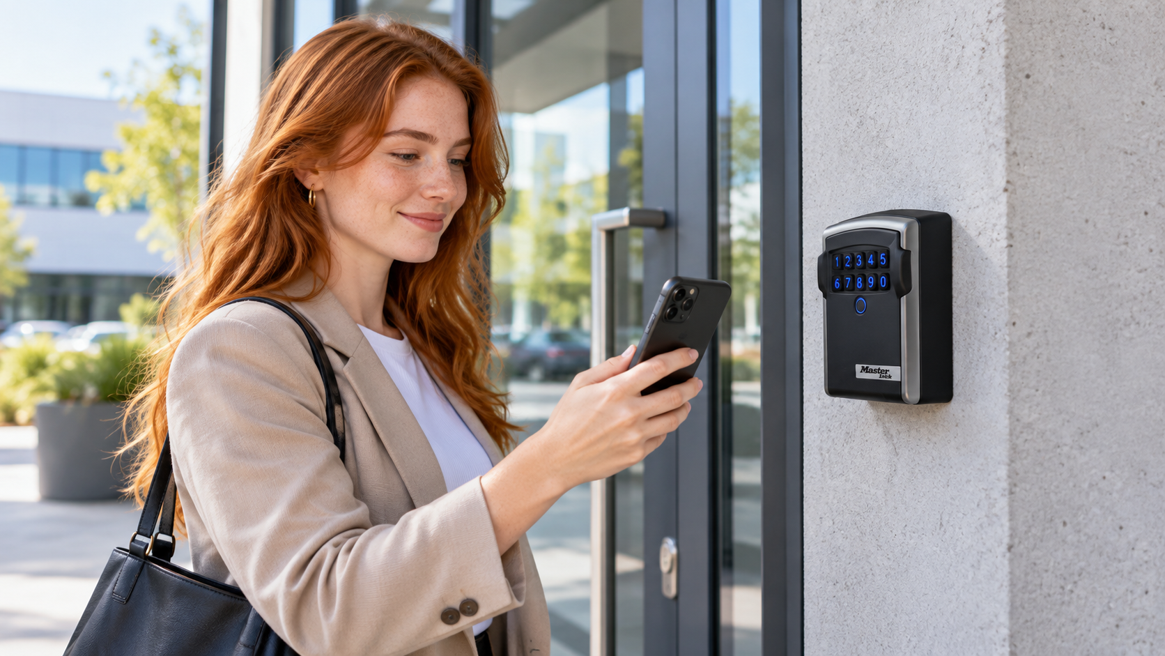 Roodharige vrouw opent een Bluetooth-sleutelkluis met haar smartphone bij de ingang van een kantoor.