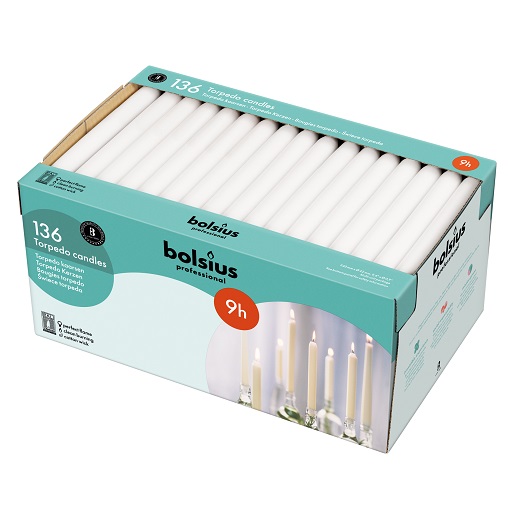 Bolsius DinerKaars 240_22 9u Wit Torpedo doos 136 stuks