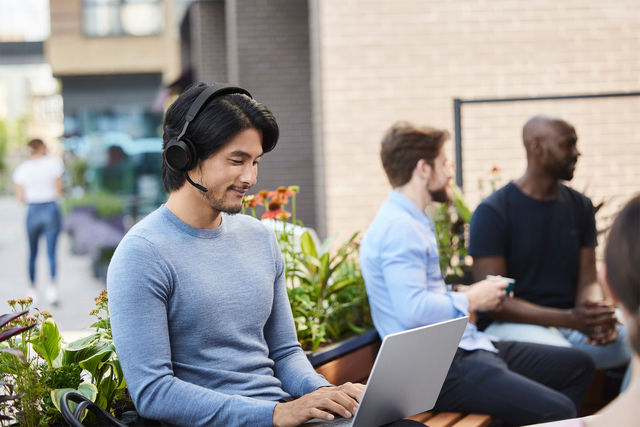headphones, headset, laptop, outdoor, man