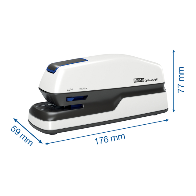 stapler, document stapler, office supply, materiaal kunststof metaal, witte stapelaar met blauwe accenten