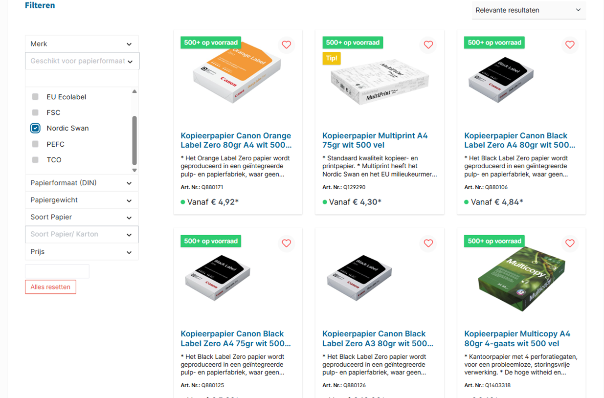 Screenshot webshop KantoorArtikelen.nl gefilterd op Nordic Swan keurmerk