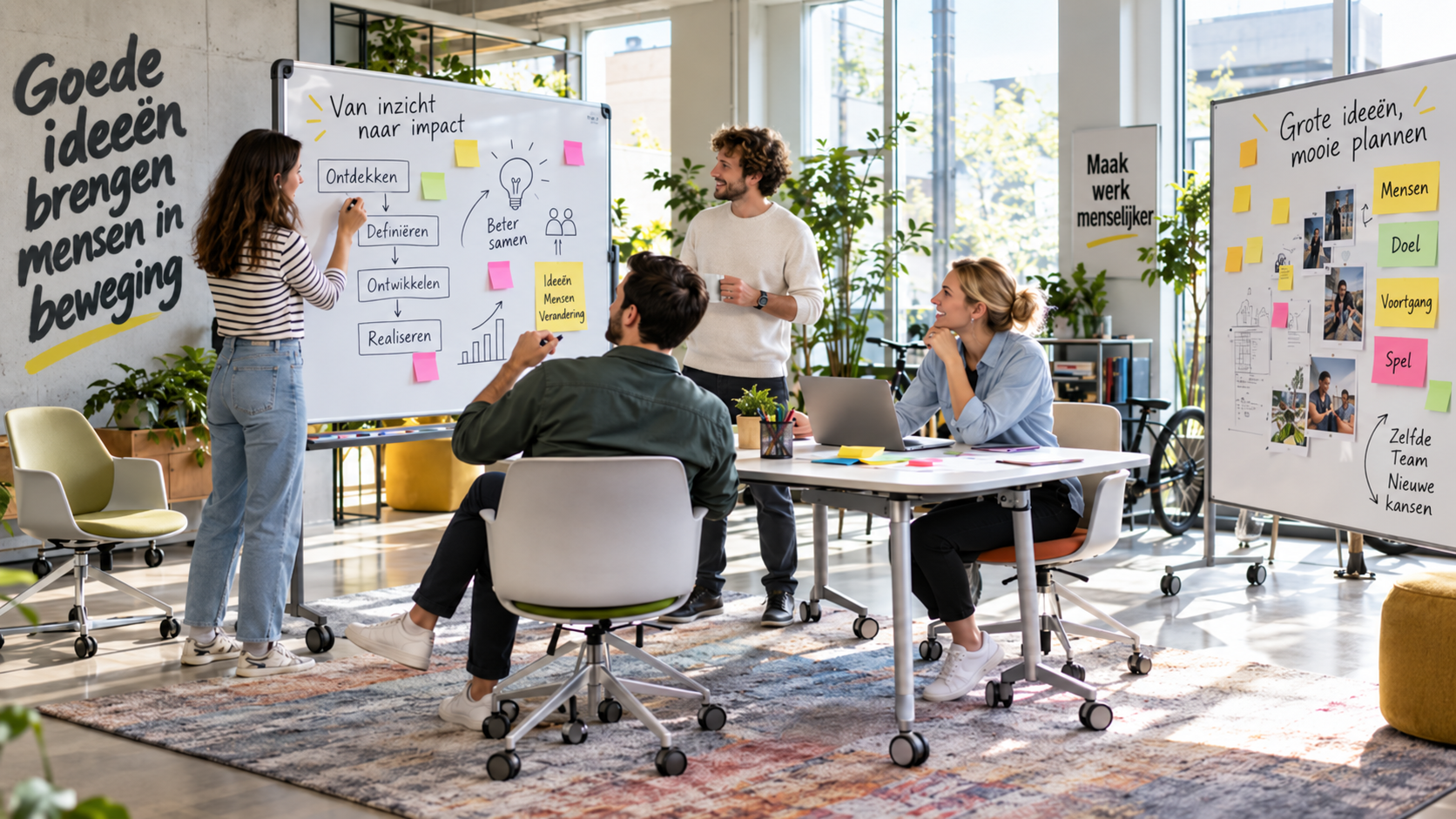 Dynamische brainstormruimte ingericht met verrijdbare tafels, lichte stoelen en whiteboards voor flexibel overleg.