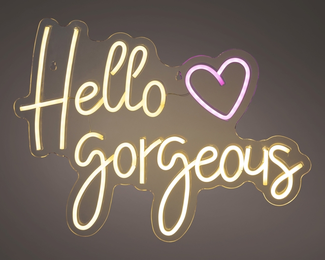 neon sign, Hello Gorgeous, heart, neon light, decorative sign