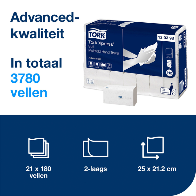 Handdoek Tork H2 Xpress Advanced multifold 2-laags 212x255mm 21x180 vel wit 120398