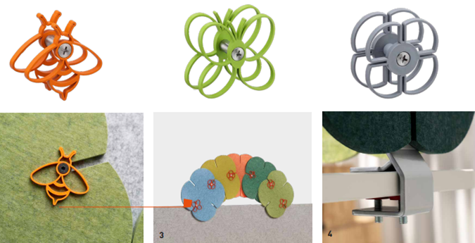 Detailweergave van het gereedschaploze steeksysteem waarmee de PET-vlies elementen van de BLOOM.COLLECTION worden verbonden.