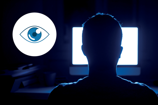 persoonssilhouet, computerscherm, oogpictogram, blauwe verlichting, donkere achtergrond
