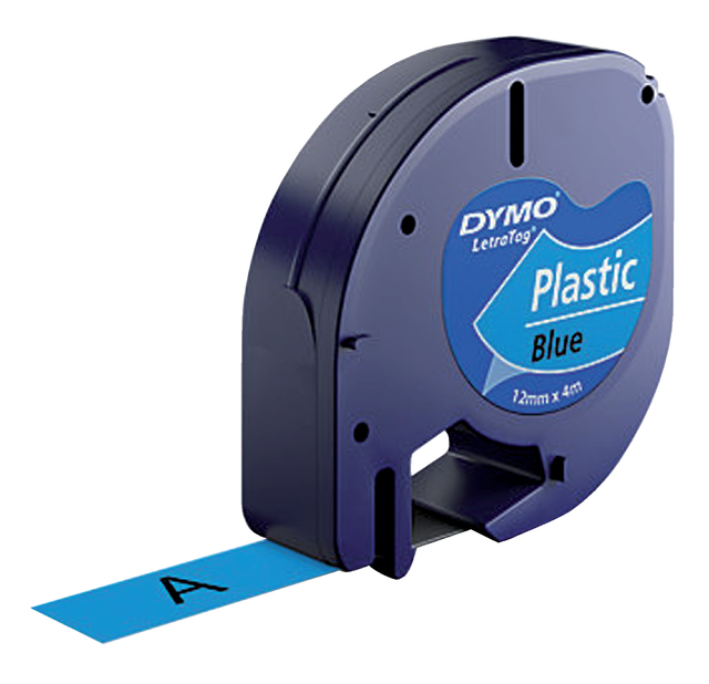 Labeltape Dymo LetraTag plastic 12mm zwart op blauw