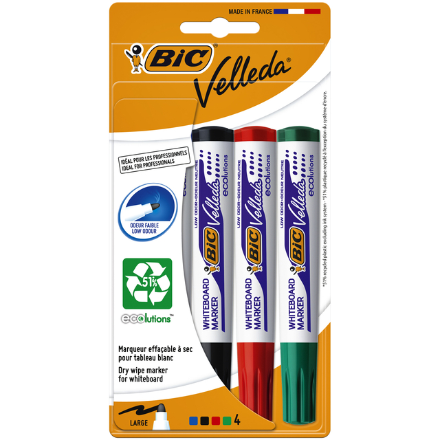 Whiteboardmarker Bic Velleda 1704 rond large assorti blister à 4 stuks