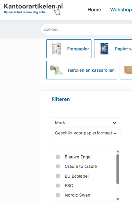 Screenshot Webshop KartoorArtikelen.nl voorbeeld filteren op milieu keurmerk
