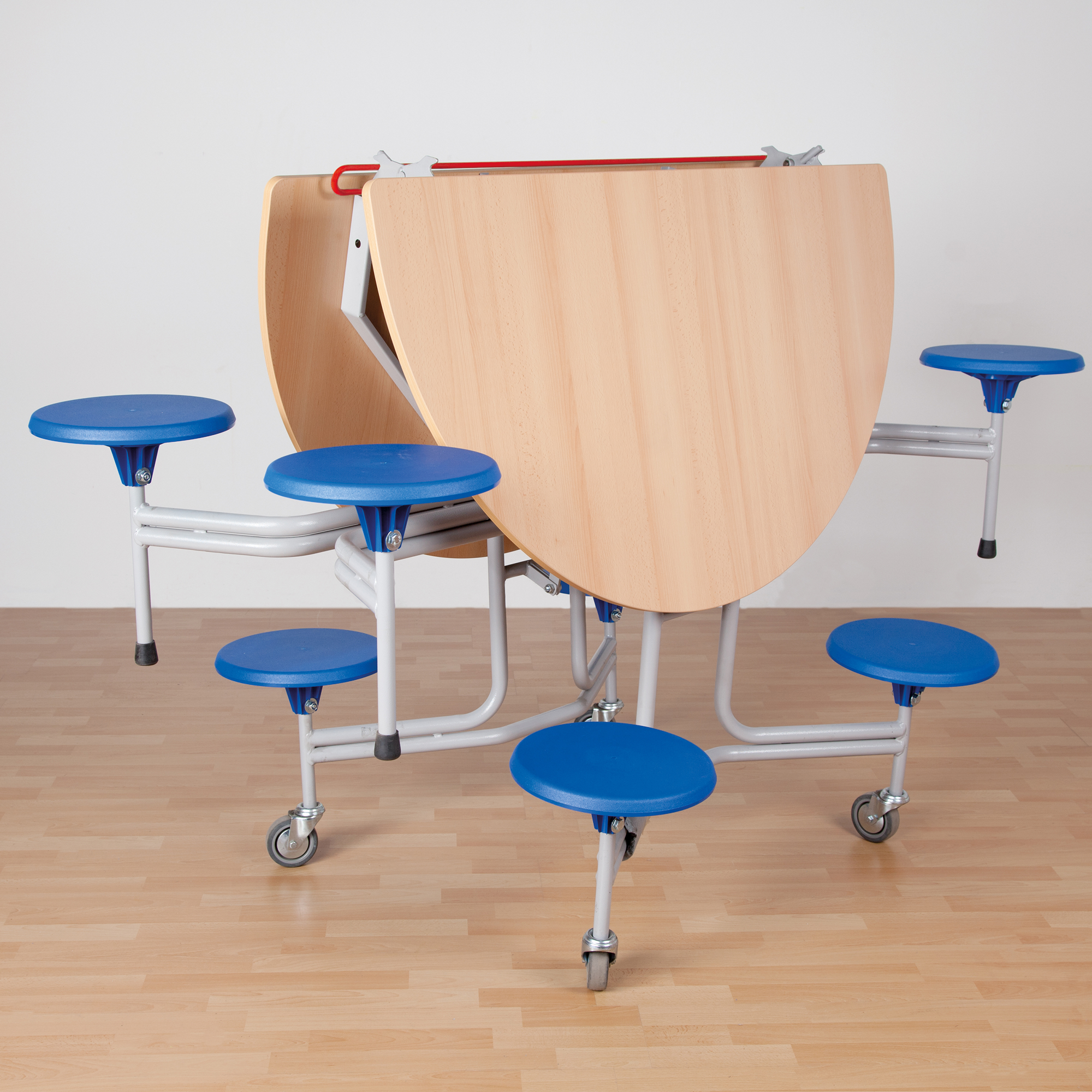 Spaceflex 2.0 ronde klaptafel met 8 geïntegreerde stoelen, "PowerSurf" volkernblad