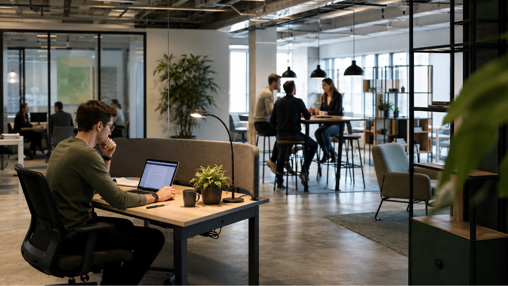 Medewerker werkt geconcentreerd terwijl collega's overleggen in een open kantoor.