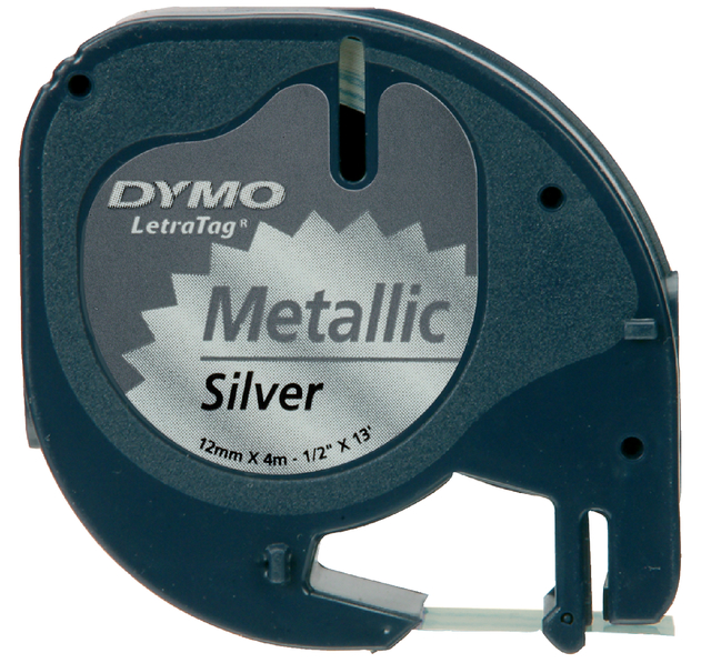Labeltape Dymo letratag 91208 12mmx4m metallic zwart op zilver