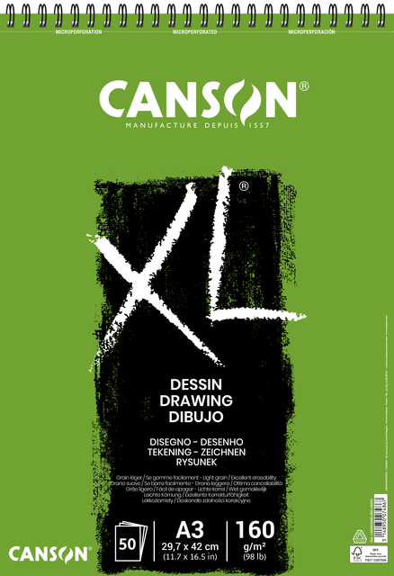 Tekenpapier Canson XL Drawing 50vel 160gr A3 wit