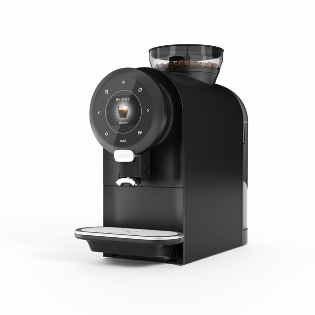 koffiezetapparaat, espressoapparaat, koffiebonenhouder, molensysteem, zwarte behuizing