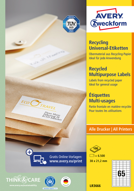 Etiket Avery Zweckform LR3666 38x21.2mm recycled wit 6500 etiketten