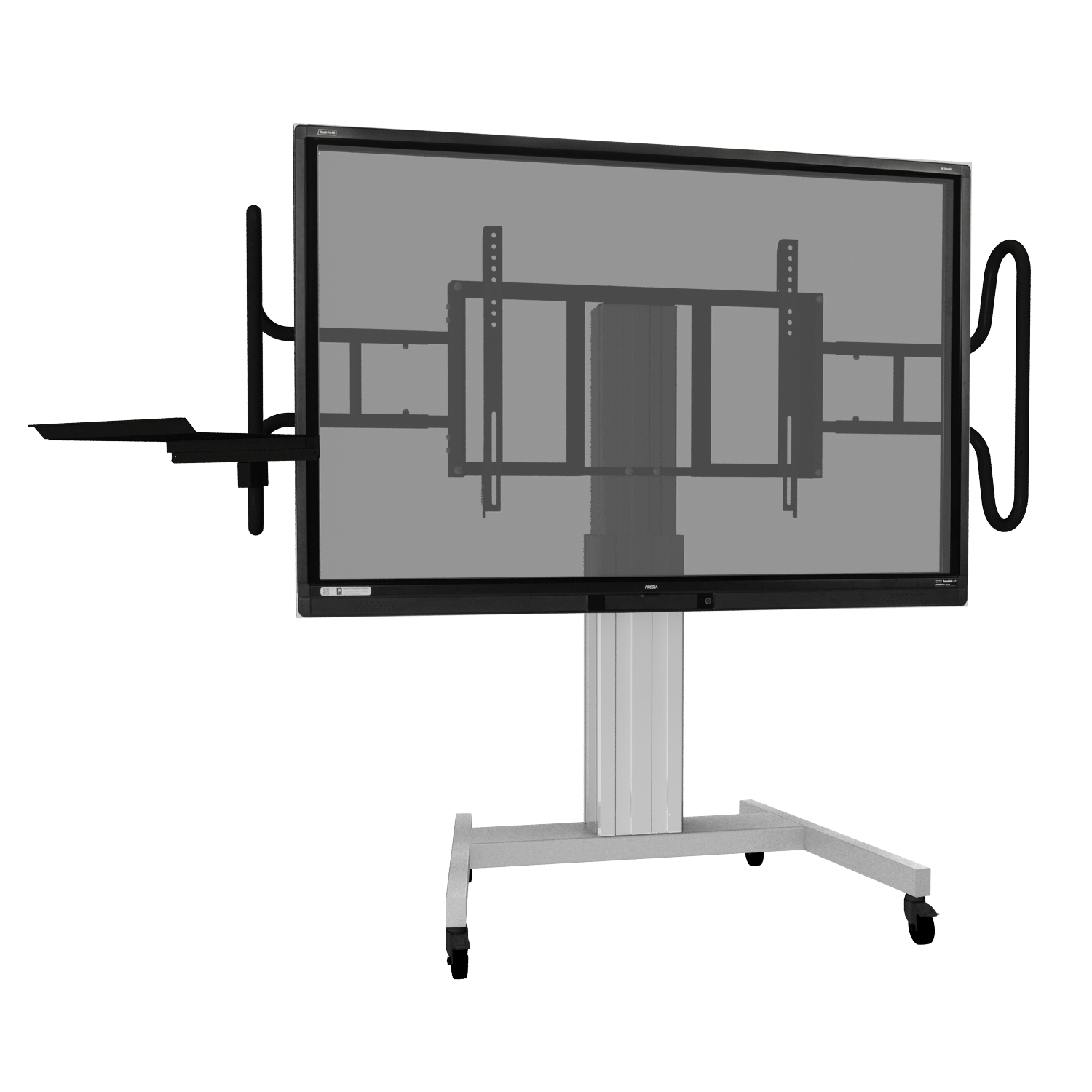 Elektrisch in hoogte verstelbare verrijdbare monitorstandaard Jolli in de kleur zilver met 50 cm slag