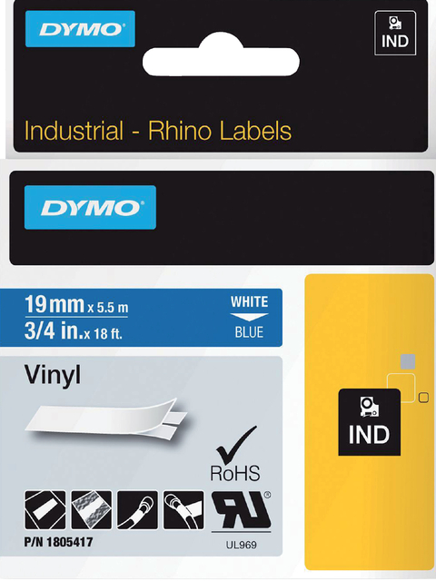 Labeltape Dymo Rhino industrieel vinyl 19mm wit op blauw