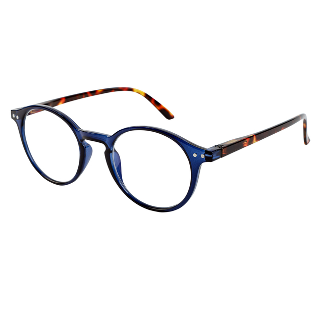 draagt glazen, oogvormige monturen, blauw montuur, tortoise/ombré oren, ronde bril