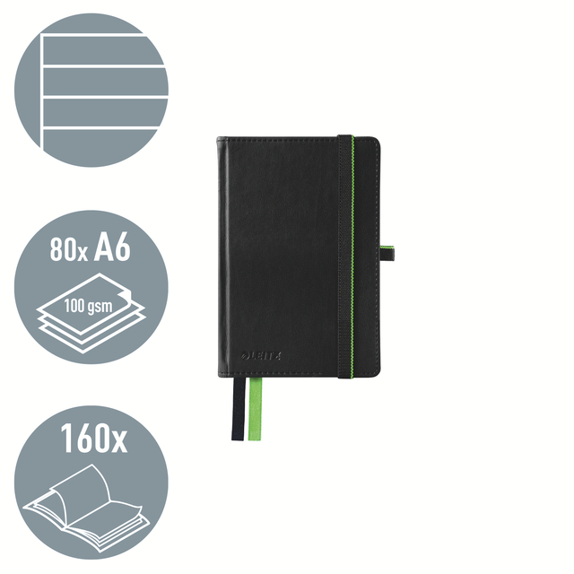 notebook, zwart, elastische band, groene acccent, compact