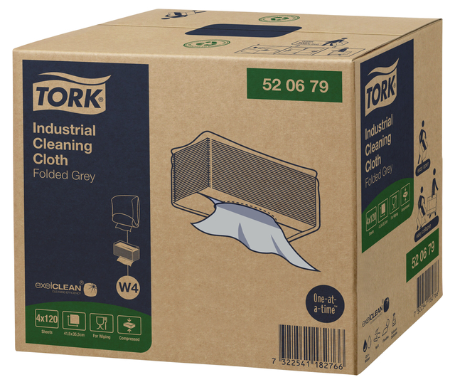 Reinigingsdoek Tork W4 Premium Industrial gevouwen 1-laags 4x120 vel grijs 520679