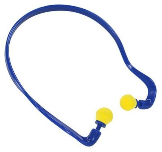 ooroorb band, koptelefoon in oor, in-ear oortjes, blauwe hoofdtelefoon, gele oorkussens