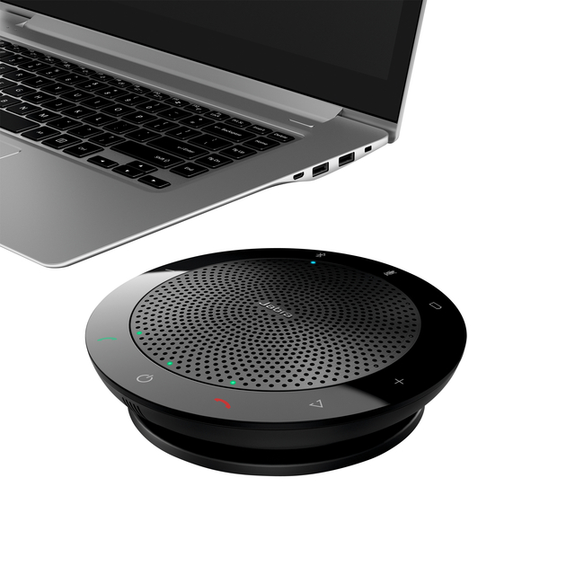 headset, conference mic, round speaker, USB-C dongle connection, desktop collaboration