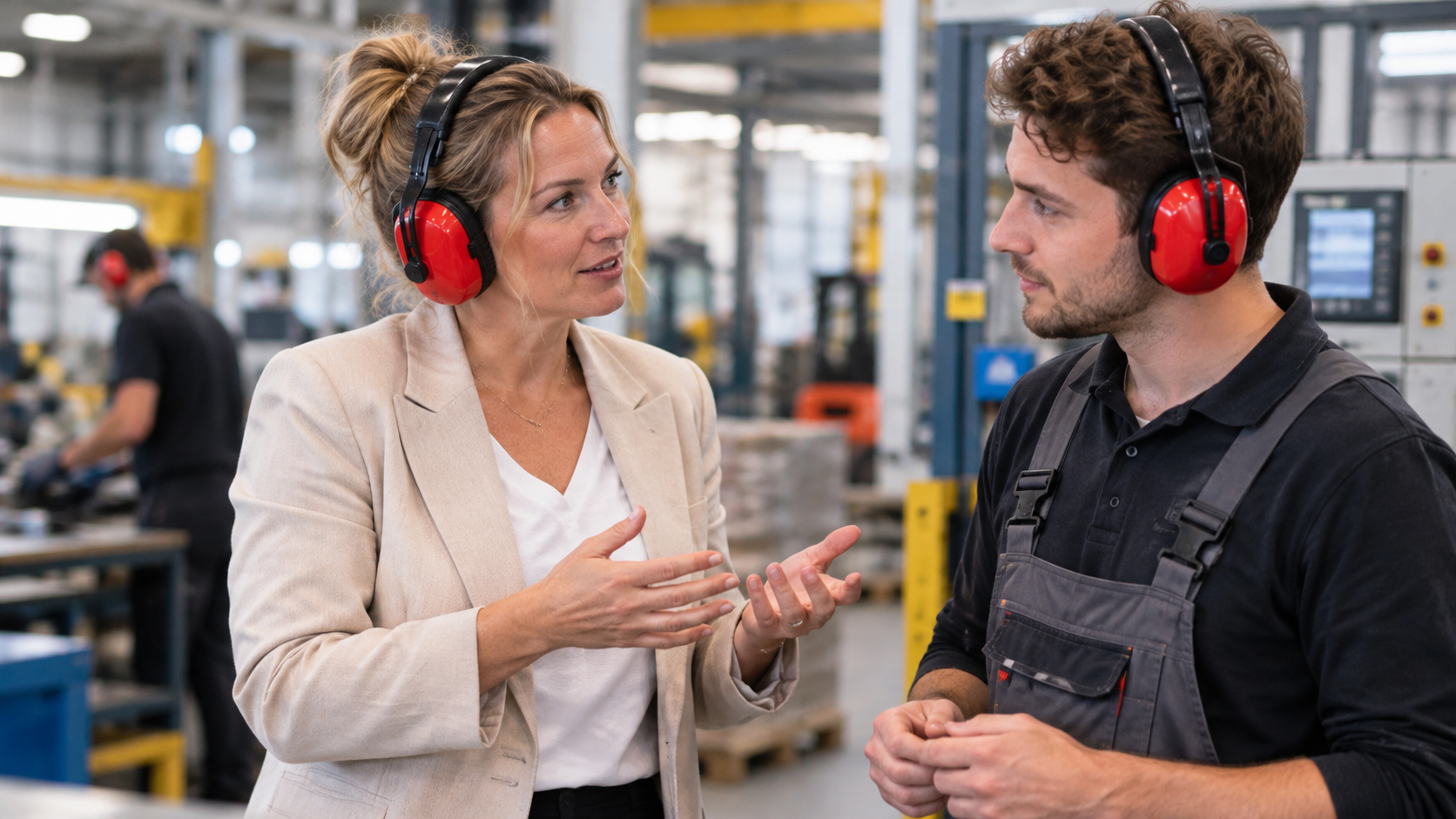 Directrice en medewerker praten in een productiehal terwijl zij rode gehoorbescherming dragen.