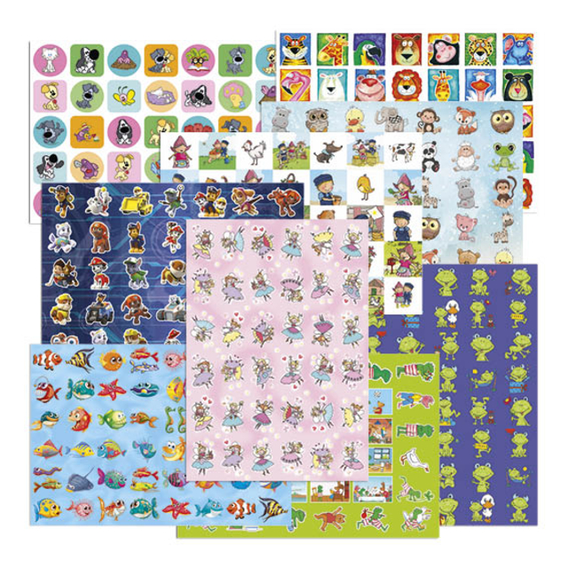 stickers, stickers dieren, knuffelachtige figuren, cartoon dieren, veelkleurige patronen