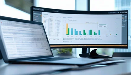 Laptop naast breedbeeldscherm