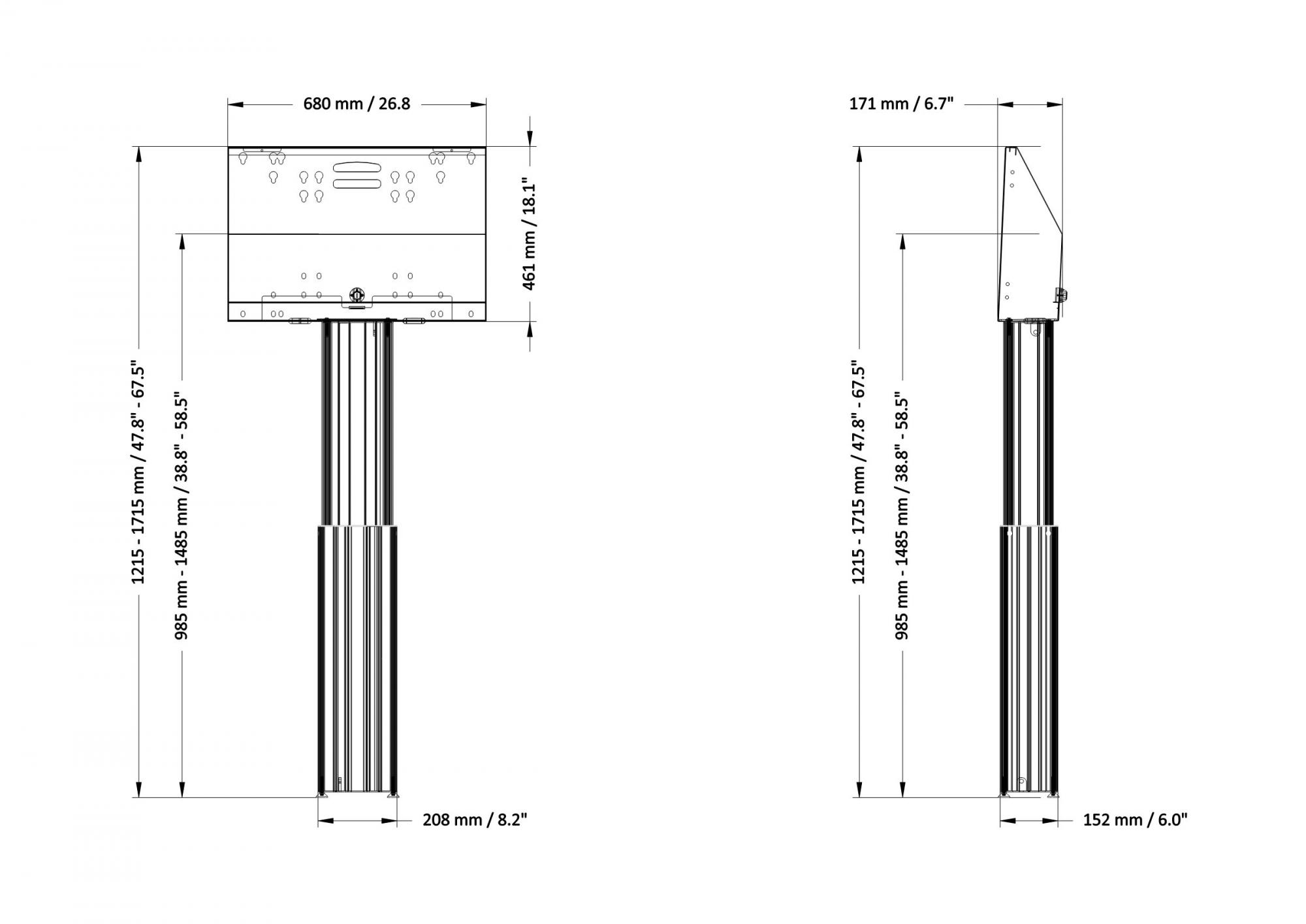 Elektrisch hoogte verstelbaar TV standaard 95-145 cm voor 42 tot 70 inch schermen voor wandmontage