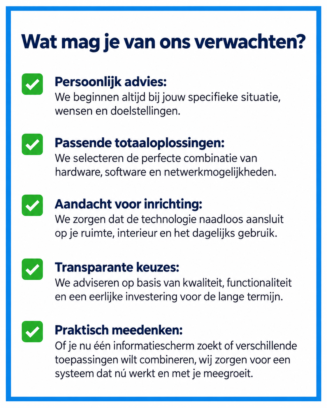 informatieve poster, Nederlandse tekst, groene vinkjes, blauwe rand, technologieadvies
