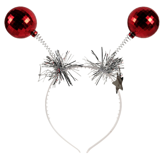 kerstdiadeem, rode discoballen, zilverkleurige slingers, springveren