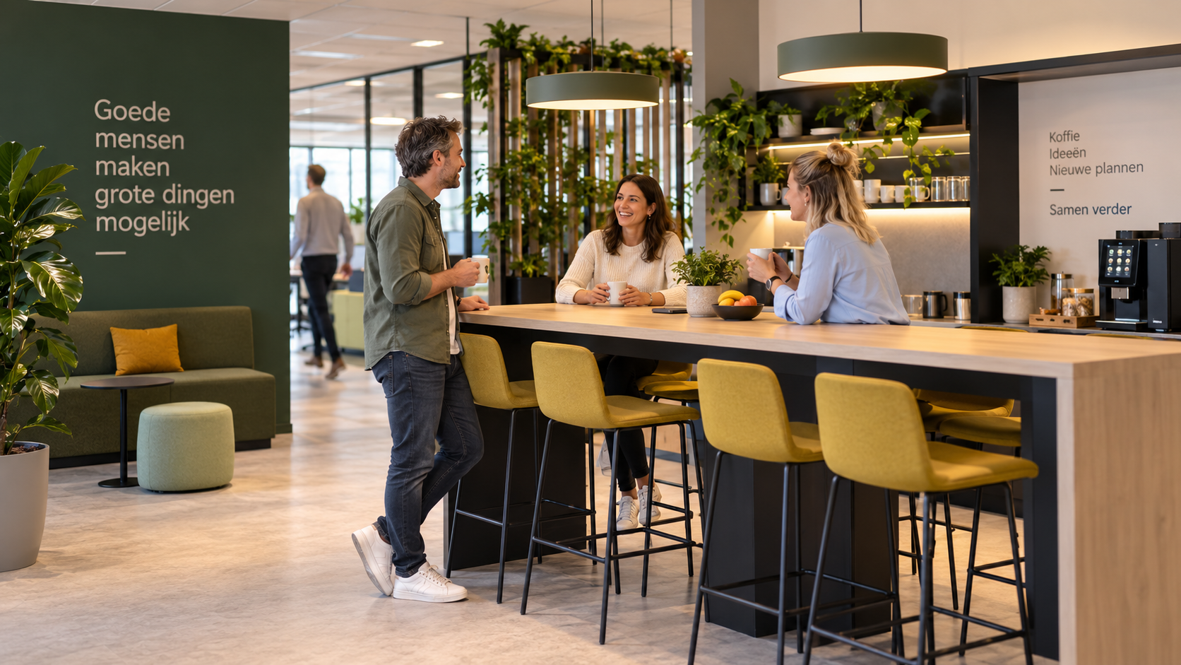 Informele ontmoetingsplek en koffiepunt op kantoor met een hoge tafel om laagdrempelig contact te stimuleren.