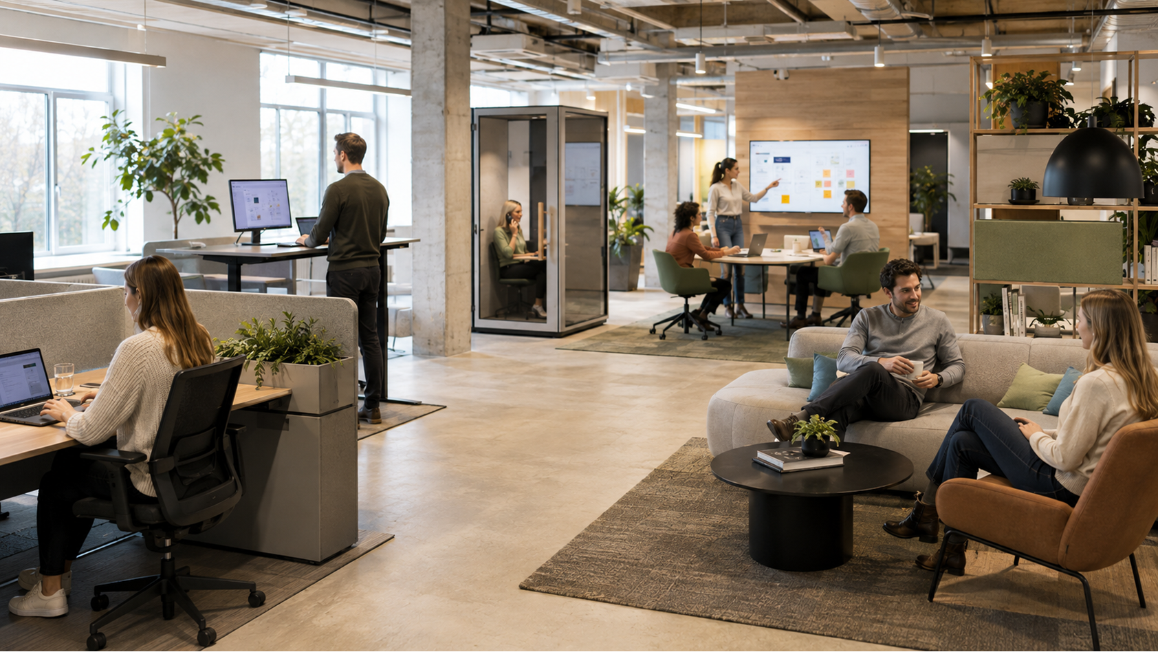 Goed ingerichte moderne werkomgeving met plekken voor concentratie, overleg en flexibel werken.