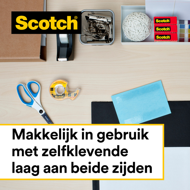 scotch, tape dispenser, scissors, blue sticky note, tape measure