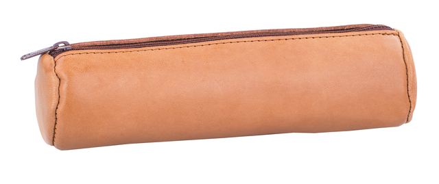 lederen etui, lederen pennenzak, pencil case, messing rits, tan kleur