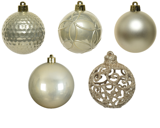 kerstballen, champagnekleurig, glanzend, reliëfpatroon, glitter filigraan