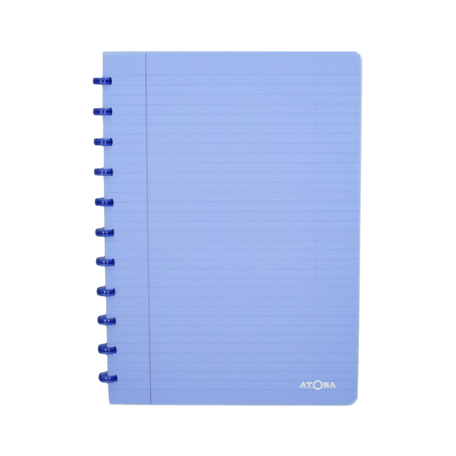 notebook, spiral-bound, blue notebook, lined paper, ATOMA logo