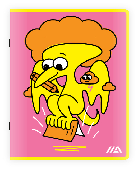 pocketboek, notitieboek, gele figuur, cartoon, roze achtergrond