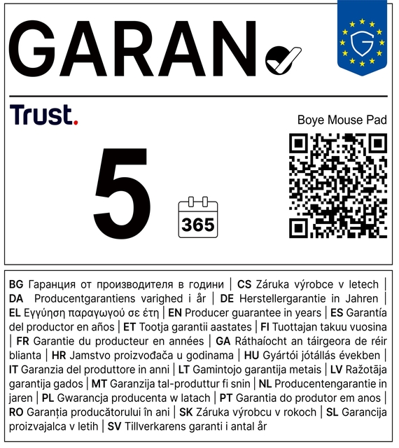 Muismat, 5 jaar garantie, Garantiekaart, QR-code