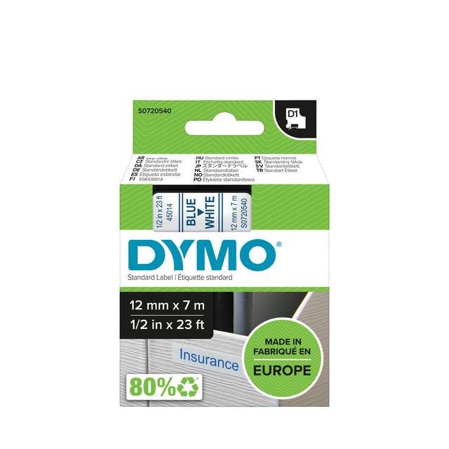 Labeltape Dymo LabelManager D1 polyester 12mm blauw op wit