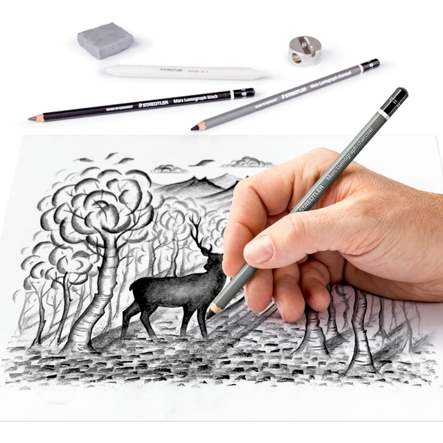 potloodtekening, schaduwtekening, houtschets, landschap, diertekening